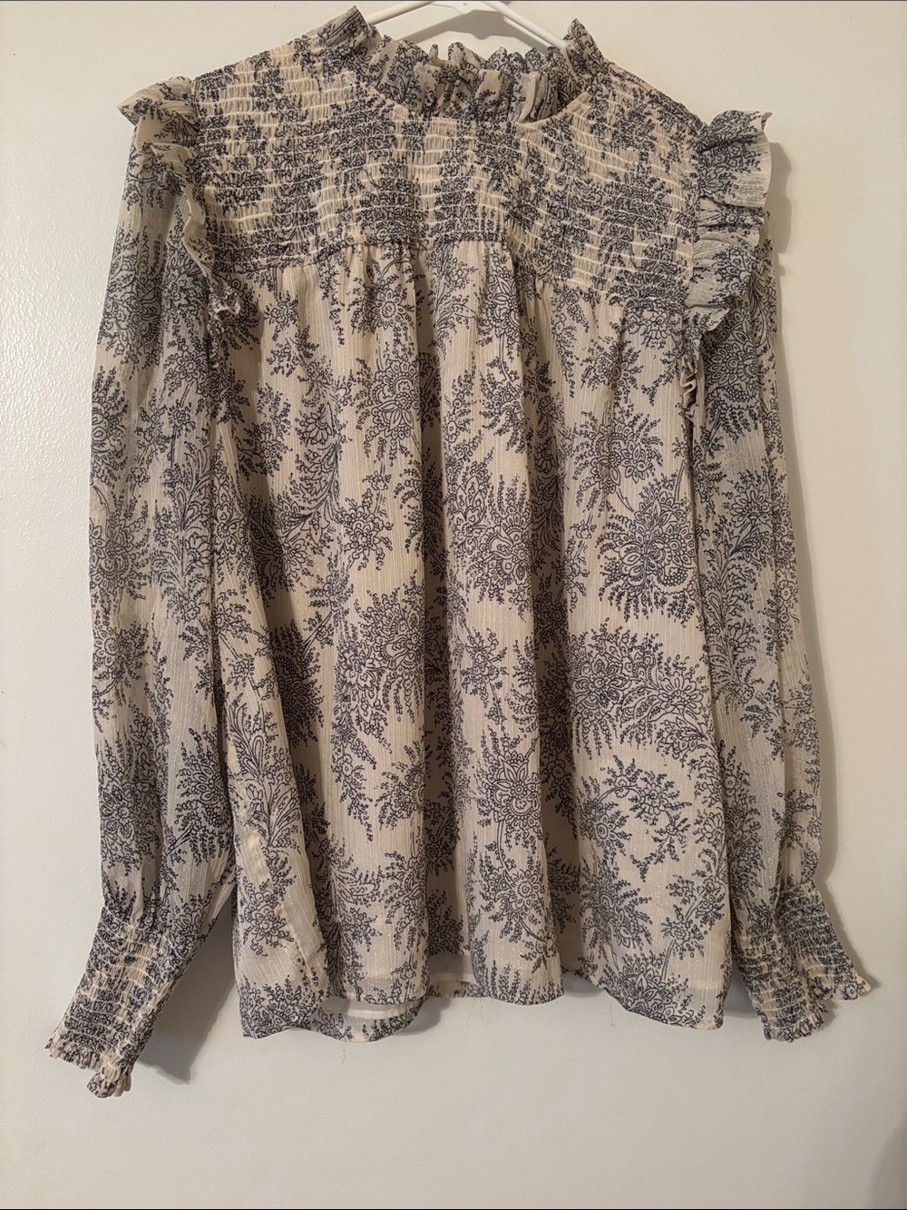 Ann Taylor Cream Blouse with Navy Floral Print